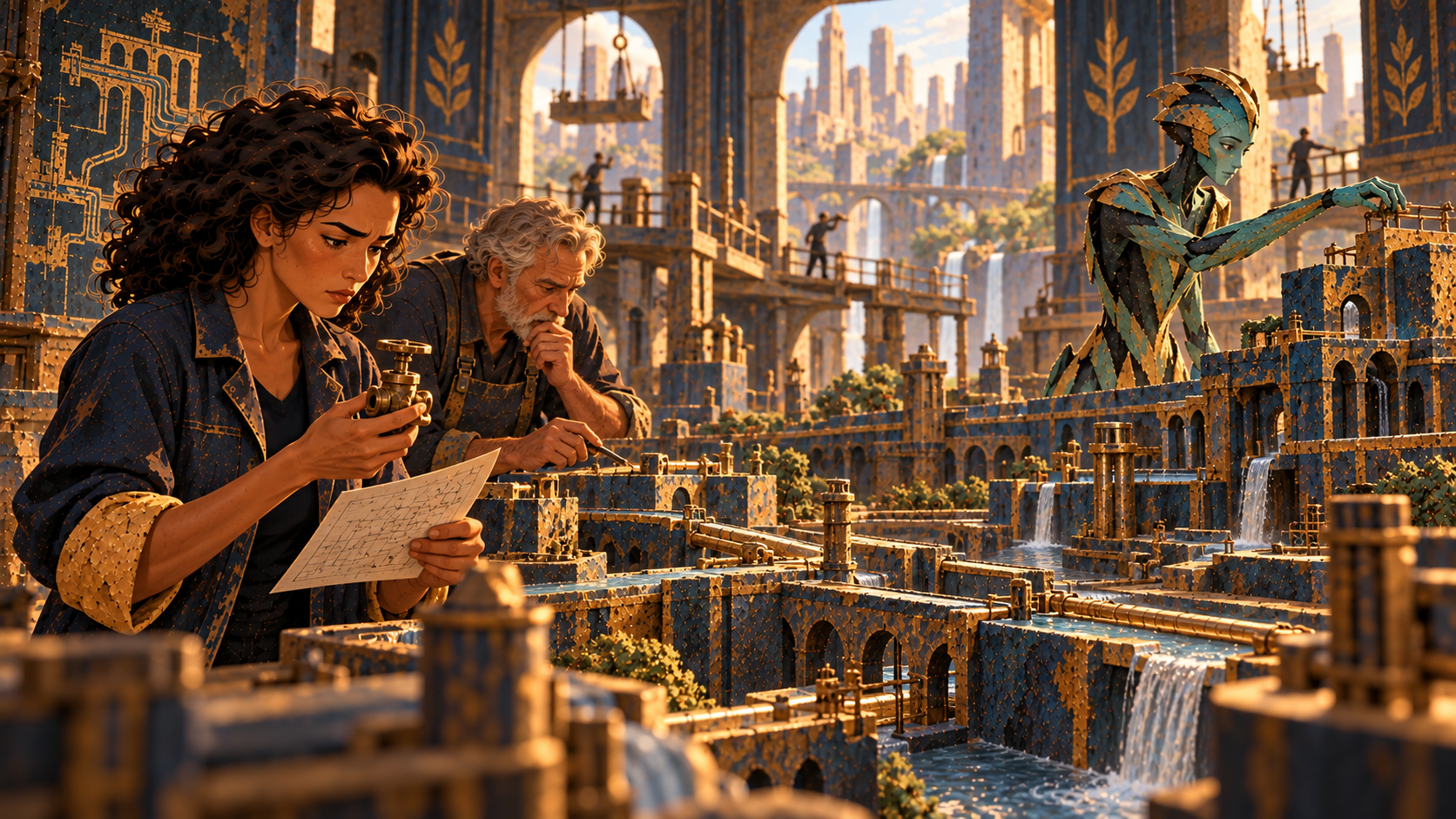 Two people examine a small mechanism while a vast intelligence works on a city beyond them.